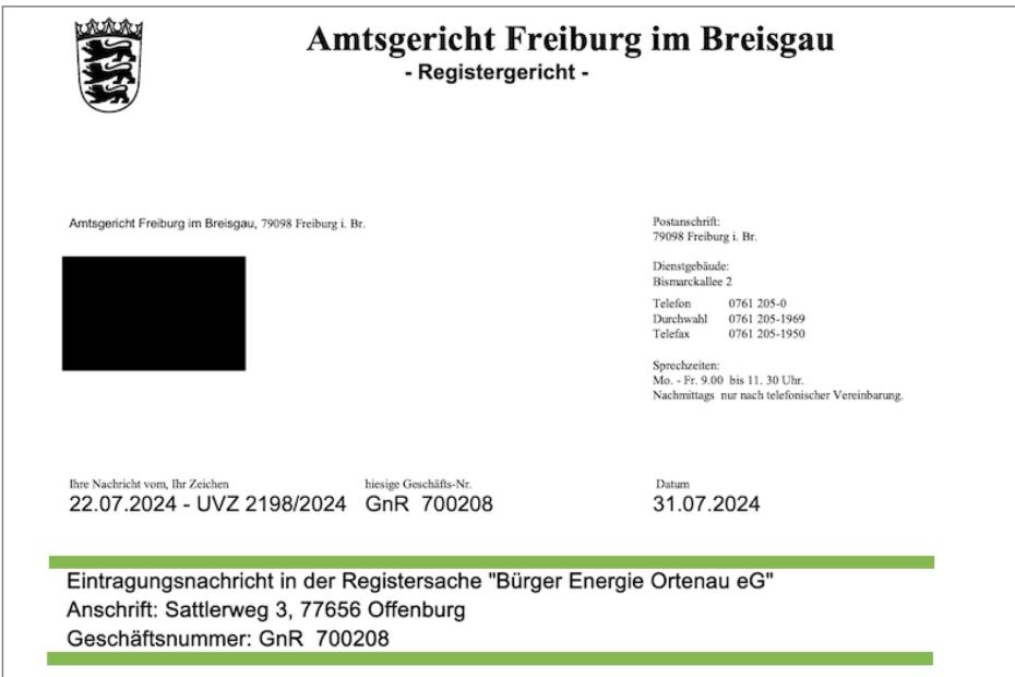 Die Bürger Energie Ortenau eG wurde am 31. Juli 2024 ins Genossenschaftsregister eingetragen.